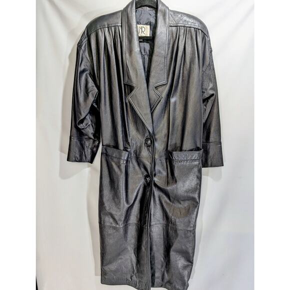 Vintage LNR Petites Genuine Leather Long Coat Black Shoulder Pads Back Vent PM - Picture 1 of 8